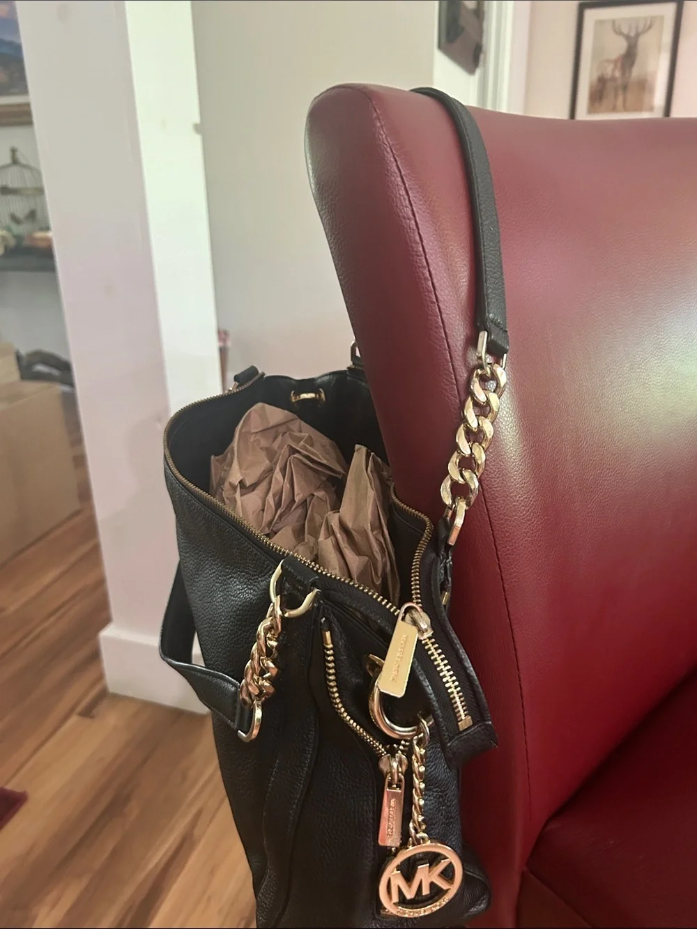 Michael Kors Black Leather Shoulder Bag with Gold Chain Accents